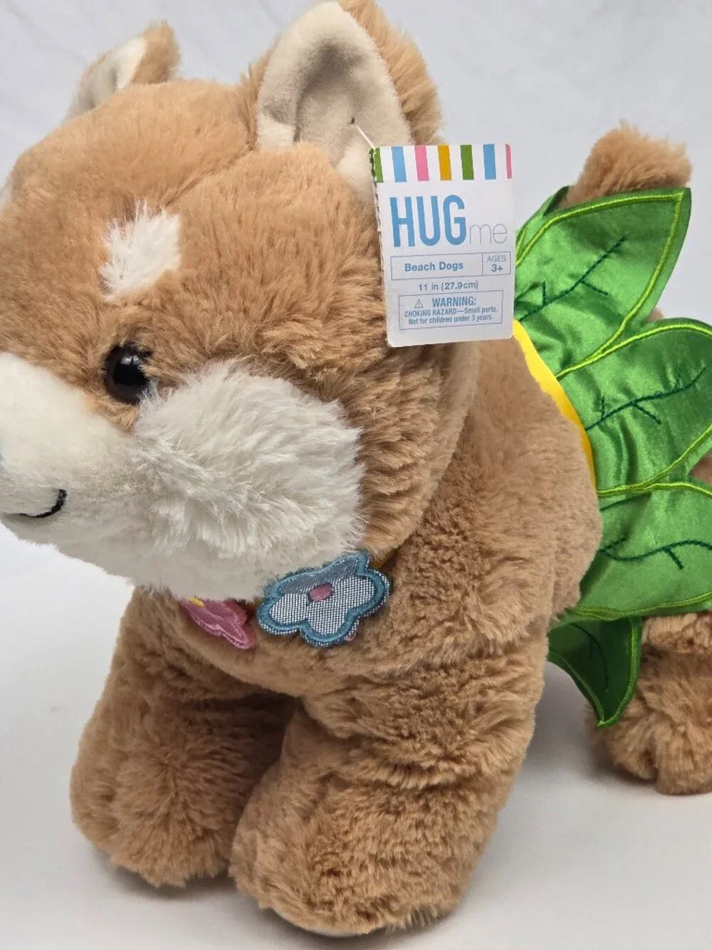 Plush Tan & White Hug Me Beach Dog Plush 11” With Tutu And Flower Collar